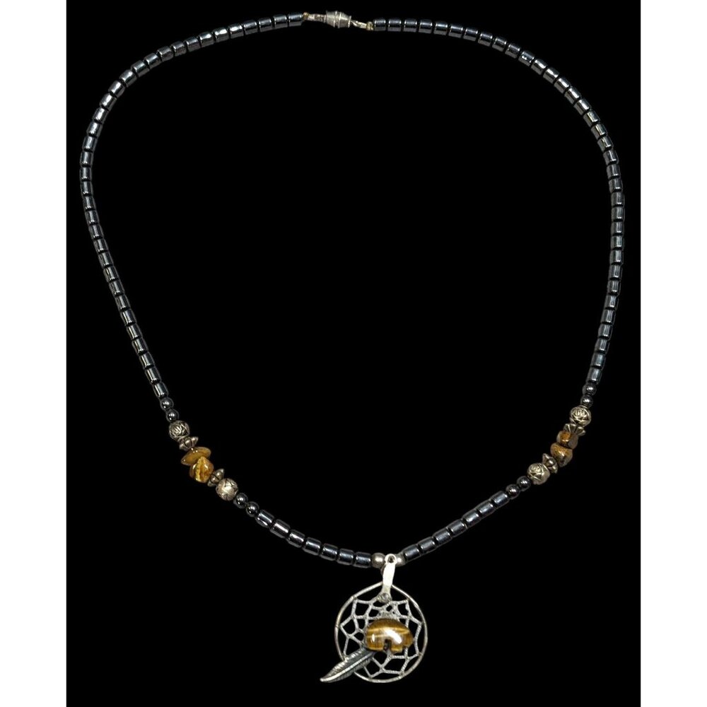 Vintage 90s Native Hematite And Tiger Eye Dream Catcher Necklace With Bear Fetis